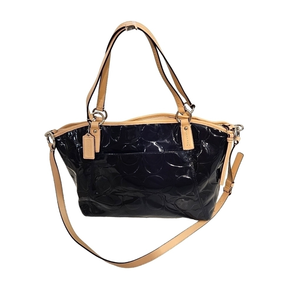 Coach Blue & Tan Patent Leather Monogram Pocket Tote Shoulder Bag - Picture 3 of 12